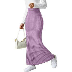 Women's Light Purple Ribbed Knit Pencil Side Slit Waist Bodycon Long Midi Skirt